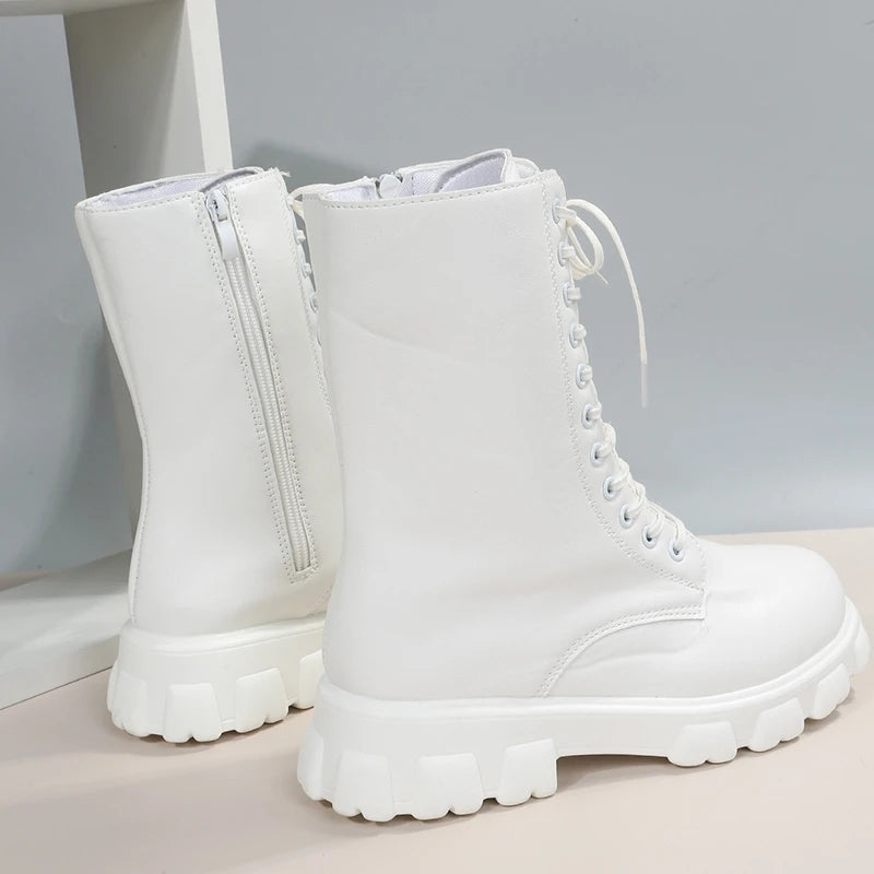 Autumn Winter PU Leather White Ankle Boots Motorcycle Botines Female Chunky Heels Platform Boots Botas Mujer