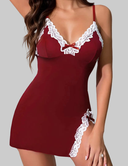 Sexy Night Gowns Lace Trim Sleep Dress V Neck Babydoll Chemise Dress Side Split Nighty