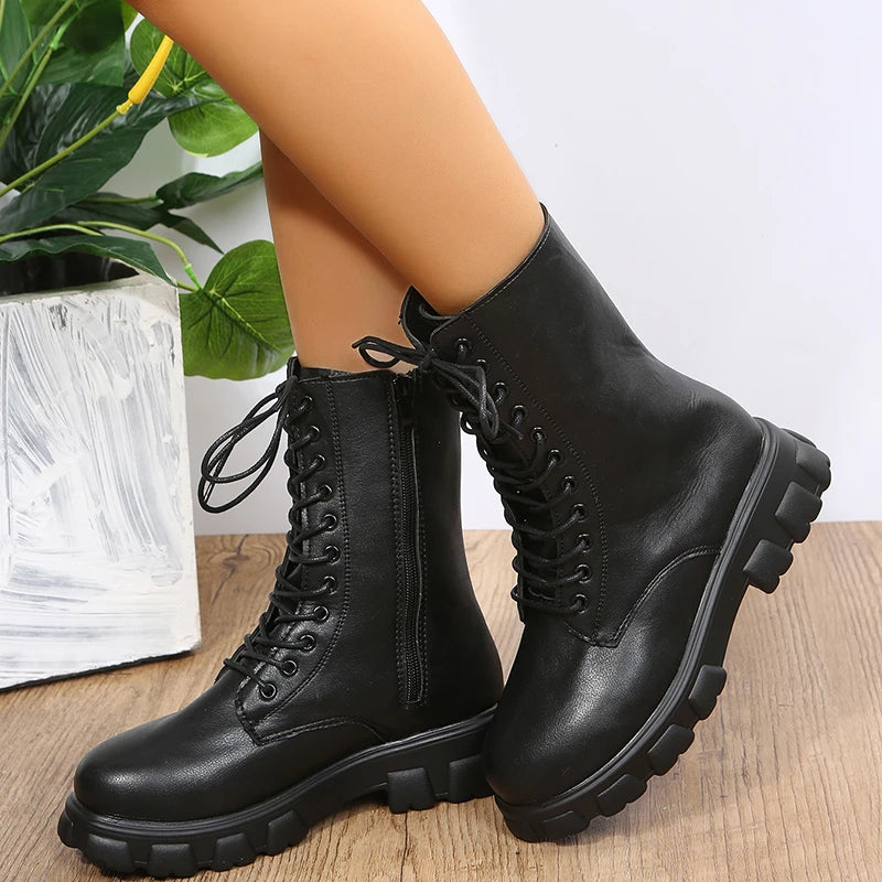 Autumn Winter PU Leather White Ankle Boots Motorcycle Botines Female Chunky Heels Platform Boots Botas Mujer