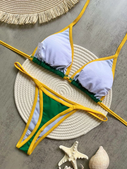Embroidery Brasil Flag Contrast Split Bikini Set Women Swimwear Patchwork Swimsuit Hottie Outfit SummerBeachwear