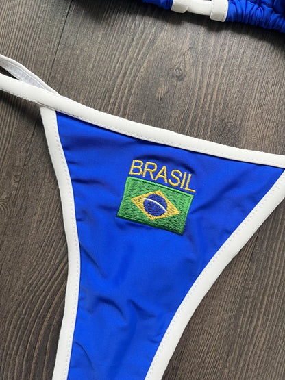 Embroidery Brasil Flag Contrast Split Bikini Set Women Swimwear Patchwork Swimsuit Hottie Outfit SummerBeachwear
