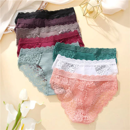 Sexy Perspective Women Back Lace Panties Patchwork Cotton Underpants Hollow Out Lingerie Underwear Comfortable Briefs 3PCS