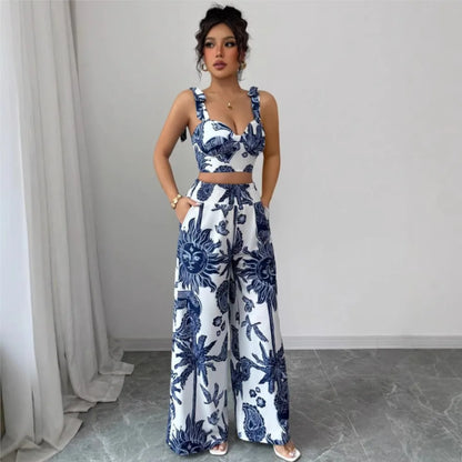 Sexy Strapback Halter Tops Long Pants Female 2-piece Set Summer Fashion Printed Wide-leg Pocket Trousers Elegant Women's Suit