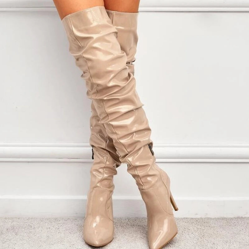 Red Women Over The Knee Boots High Heels Patent Leather Solid Pointed Toe Stiletto Side Zipper Sapatos Femininos
