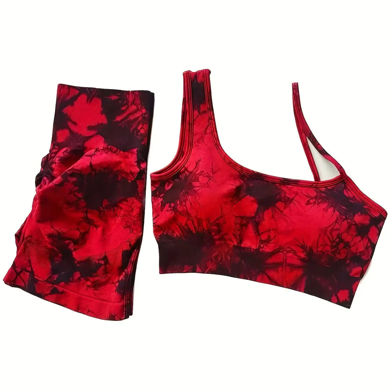 Tie-dye yoga sports suit with off-shoulder bra, removable chest pad, three-quarter shorts, peach line yoga sports suit