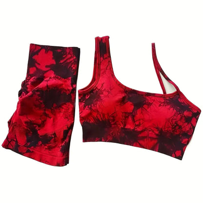 Tie-dye yoga sports suit with off-shoulder bra, removable chest pad, three-quarter shorts, peach line yoga sports suit