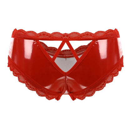 Erotic Panties Crotch Open Sex Wet Look Porn Underwear Patent Leather Lace V-Back mujer Mini Briefs