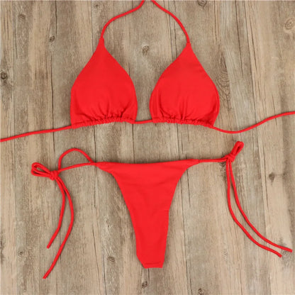 Sexy Halter Solid color Bikini Set Women's Swimsuit Two-piece Triangle Thong Swimwear Bathing Suit for Beach Biquinis