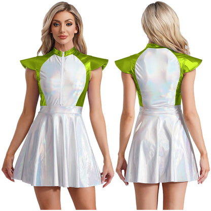 Adult Silver Astronaut Costume Women Alien Tutu Dress Suit Space Cadet Tulle Skirt Jumpsuit Halloween Cosplay Party Dress Up