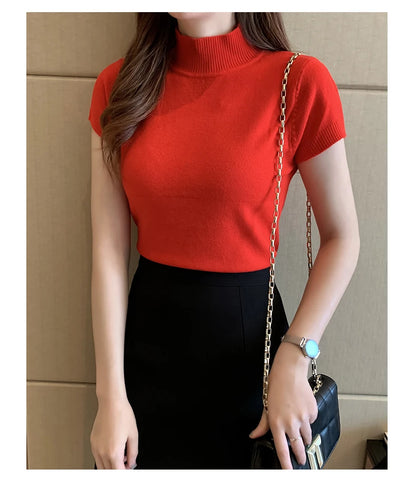 Half-High Neck T-Shirt Women's Fashion Jumper Casual Tops Korean Style Elegant Solid-Coloured Clothing Spring And Summer Season