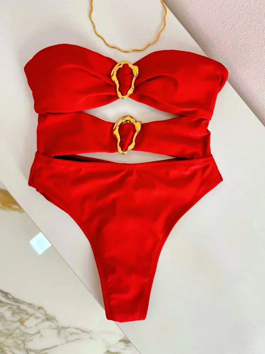 Sexy Metal Rings Cut Out Women Swimwear One Piece Swimsuit Female Bandeau High Leg Cut Bather Bathing Suit Swim B022D
