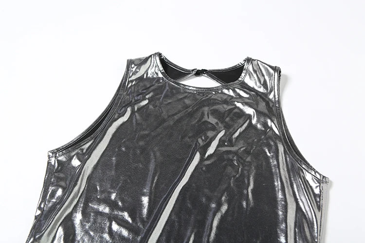 Sisterlinda Silky Shiny Playsuits Fashion Solid Stunning Reflective O-neck Backless Sleeveless Slim Rompers Mujer Party Clubwear