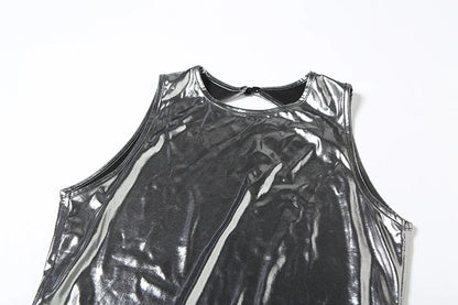Sisterlinda Silky Shiny Playsuits Fashion Solid Stunning Reflective O-neck Backless Sleeveless Slim Rompers Mujer Party Clubwear