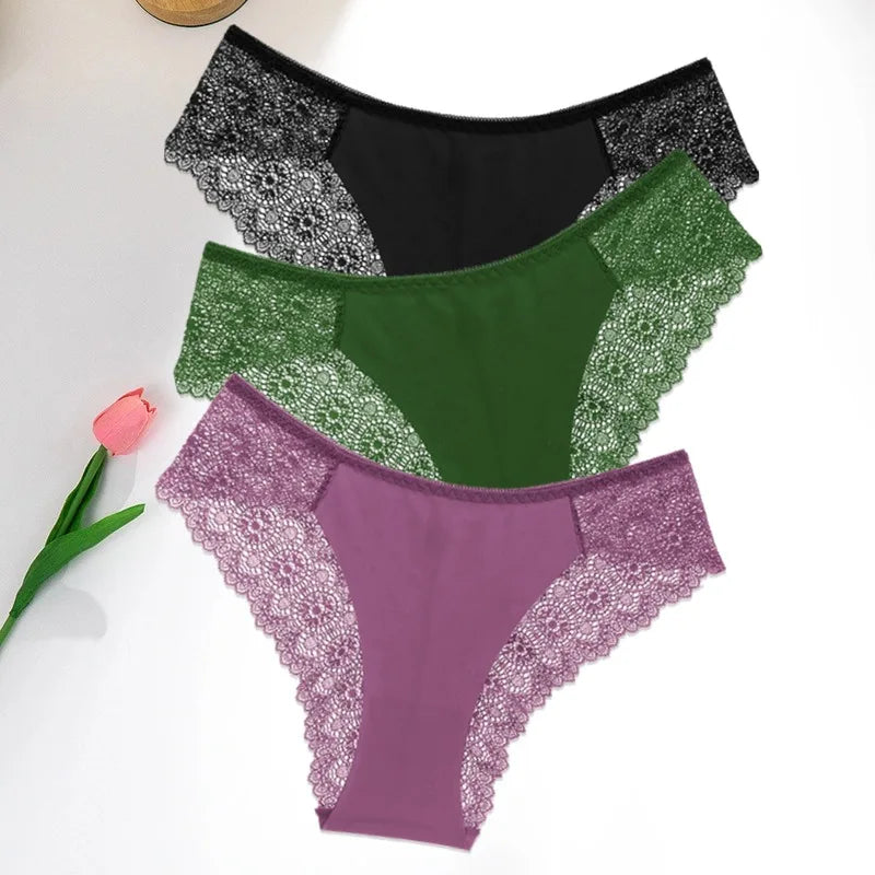 WarmSteps 3Pcs/Set Women's Lace Panties Briefs Solid Ice Silk Lingerie Female Underpanties Underwear for Woman Low Rise Briefs
