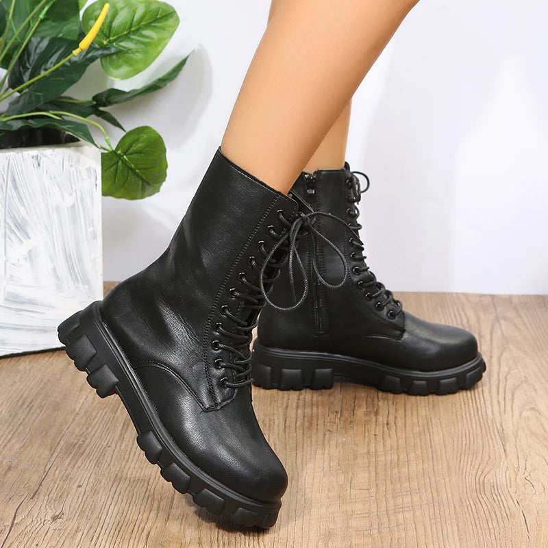 Autumn Winter PU Leather White Ankle Boots Motorcycle Botines Female Chunky Heels Platform Boots Botas Mujer
