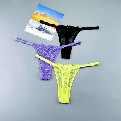 3PCS Adjustable Sexy Transparent Thong Panties Women Lace Underwear Low Waist Female T-back String Underpants