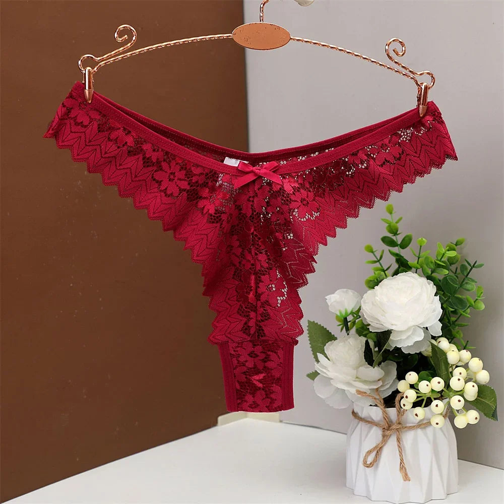 3PC Sexy T Back Woman Thong Panty Mid Waist Lace Panties Transparent Underwear "V-shape" Girls Erotic Panty