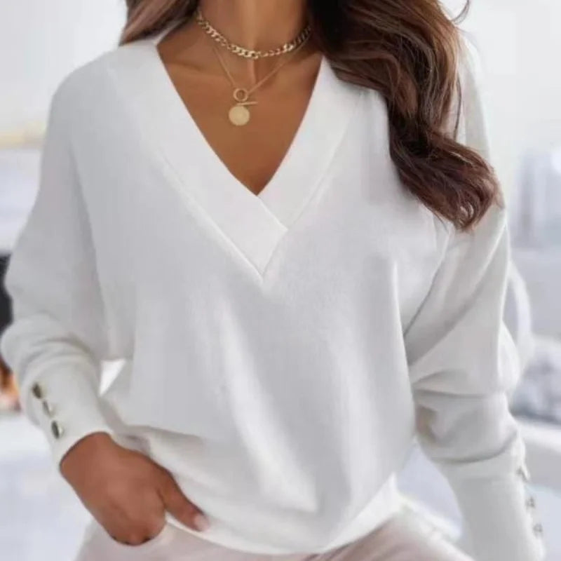 Spring Autumn Women Pure Soft Long Sleeve Sweater V-neck Fashion Jumper Office Lady Button Loose Casual Pullover Top Sweaters