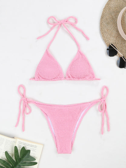 Summer wrinkled fabric special fabric wave strip sexy bikini women fluorescent strap split swimsuit women