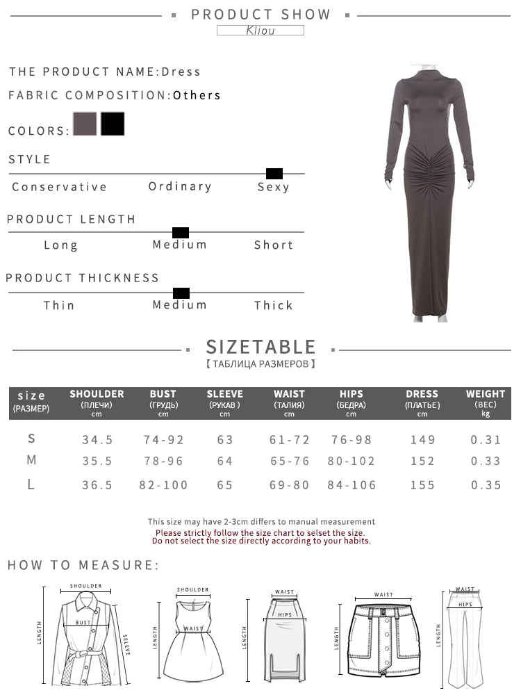 Kliou Shirring Women Classic Maxi Dress Autumn New Solid Long Sleeve High Collar Body-shaping Vestidos Mujer Concise Trend Robe