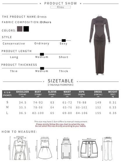 Kliou Shirring Women Classic Maxi Dress Autumn New Solid Long Sleeve High Collar Body-shaping Vestidos Mujer Concise Trend Robe