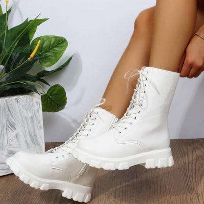 Autumn Winter PU Leather White Ankle Boots Motorcycle Botines Female Chunky Heels Platform Boots Botas Mujer