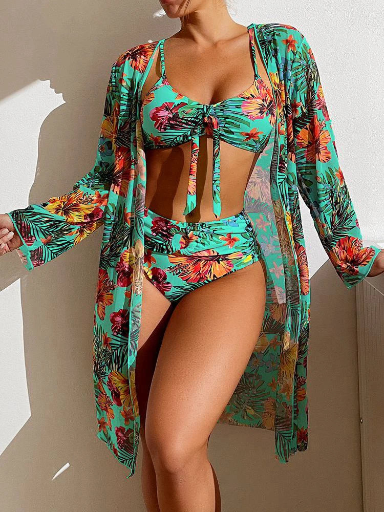 Sexy High Waisted Bikini 3 Pieces Floral Printed Swimsuit Size 3XL-S Women Bikini Set With Mesh Long-Sleeved Blouse Super Sales