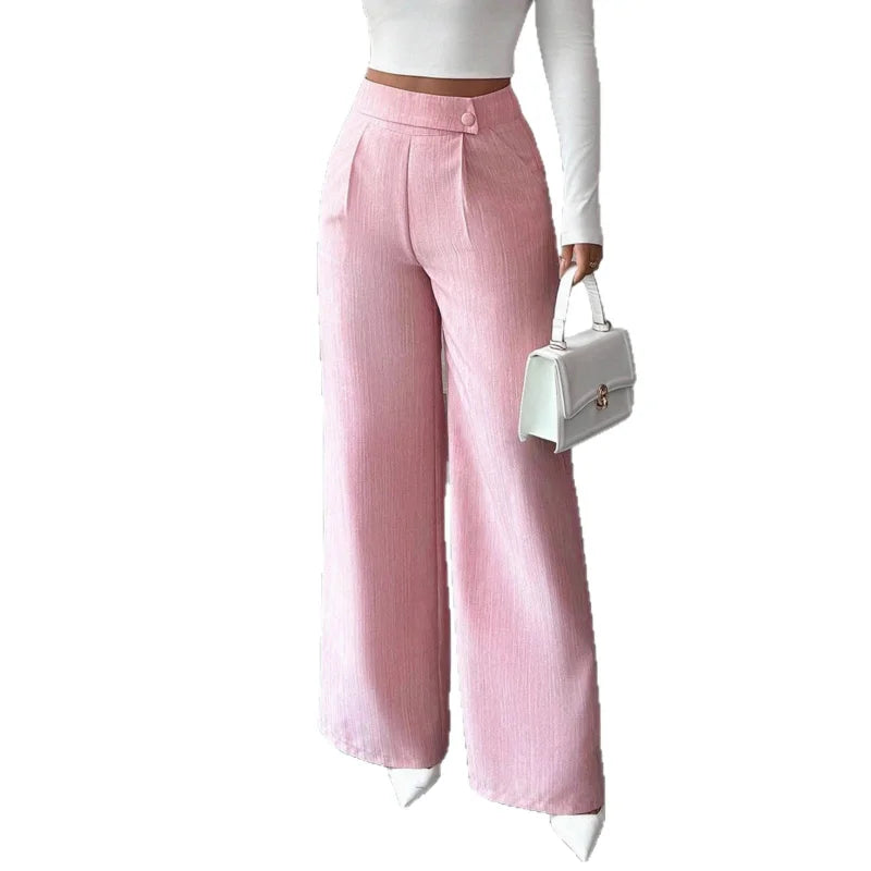 Women's High Waist Pink Waist Covered Button Design Elegant Casual Wear Loose Flowing Straight Pants