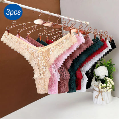 3PC Sexy T Back Woman Thong Panty Mid Waist Lace Panties Transparent Underwear "V-shape" Girls Erotic Panty