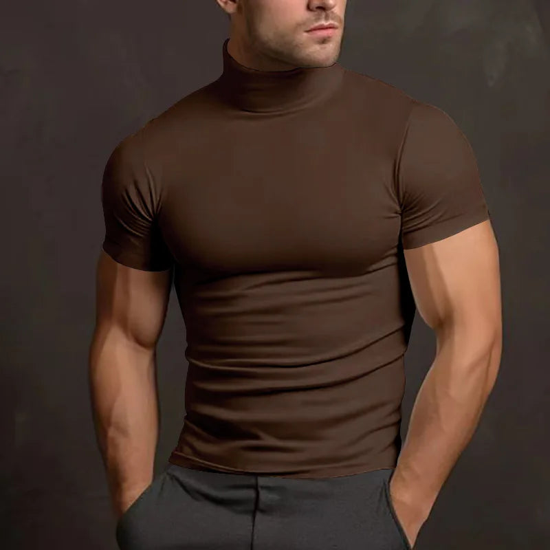 Cross-border Amazon summer solid color short-sleeved fashion bottoming shirt men's tight turtleneck T-shirt