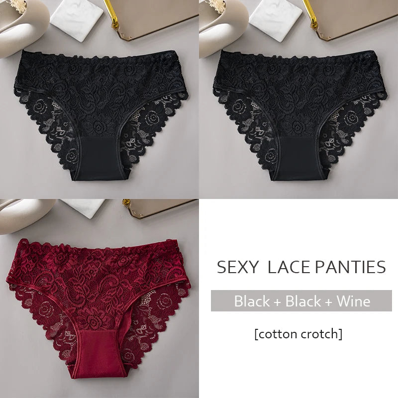 Luxury Floral Embroidery Lace Panties Women Briefs Sexy Hollow 3PCS Lingerie Female Underwear Ladies Breathable Underpants
