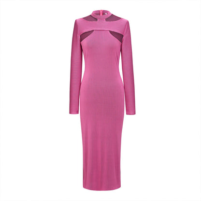 Hanging Neck Hollow Dress Stretch Pit Slim-fit Long-sleeved Hip Mid-length Dress Fashion Commuter Women's Clothing