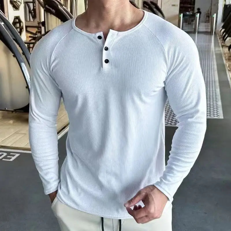 Men Sports High-Elastic Fitness Long Sleeve T-Shirt Autumn New Slim Fit Henley Collar Tshirt Men Streetwear Casual T-Shirt
