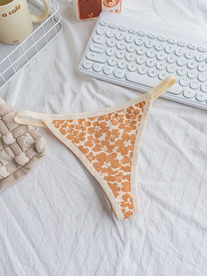 Mixed Color Floral Patchwork Thin Strap Comfortable Women's Thong Cotton Underwear Girls' Briefs 5-Pack