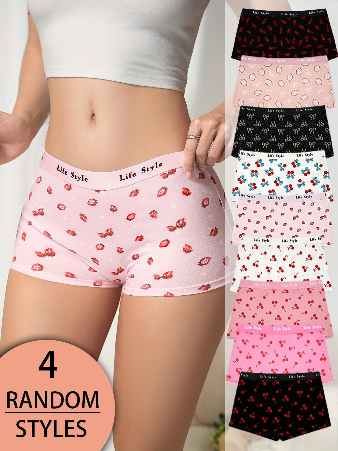 Random 4-piece mixed-color fruit pattern cherry print women's briefs for travel, home and casual cotton comfort underwear