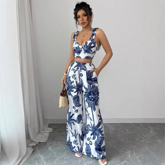 Sexy Strapback Halter Tops Long Pants Female 2-piece Set Summer Fashion Printed Wide-leg Pocket Trousers Elegant Women's Suit