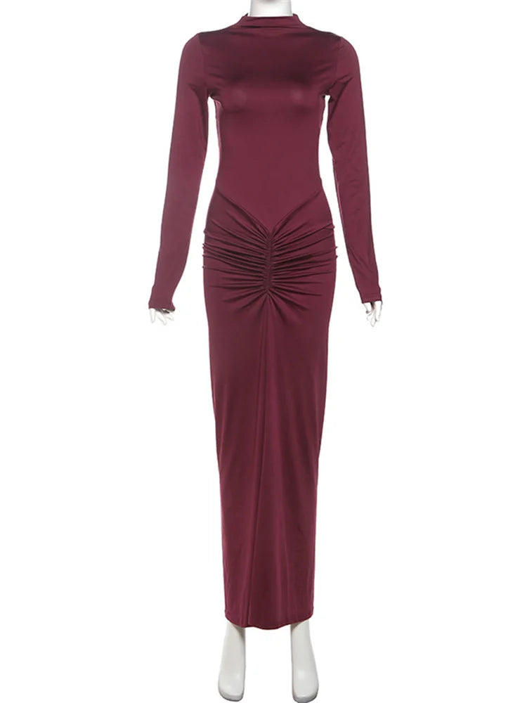 Kliou Shirring Women Classic Maxi Dress Autumn New Solid Long Sleeve High Collar Body-shaping Vestidos Mujer Concise Trend Robe