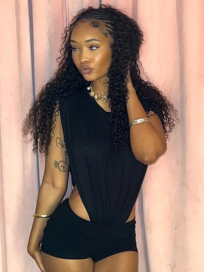 Weird Puss Sexy Women Romper Sleeveless Hollow Patchwork Summer o-Neck Hipster Solid Skinny Stretch Clubwear Ruched Playsuit