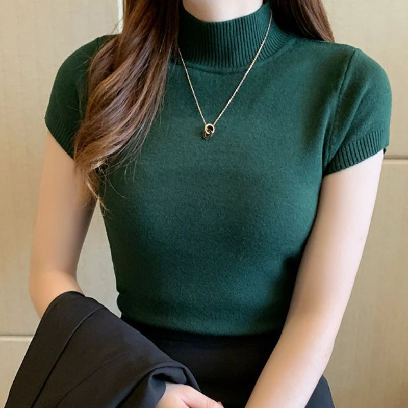 Half-High Neck T-Shirt Women's Fashion Jumper Casual Tops Korean Style Elegant Solid-Coloured Clothing Spring And Summer Season