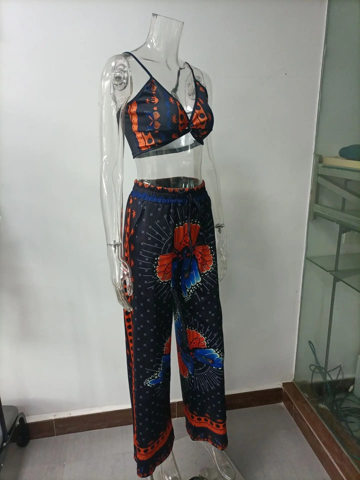 Sexy Two Piece Set Women Outfit 2025 Summer Butterfly Print V-Neck Cropped Top High Waist Drawstring Casual Wide Leg Pants Sets