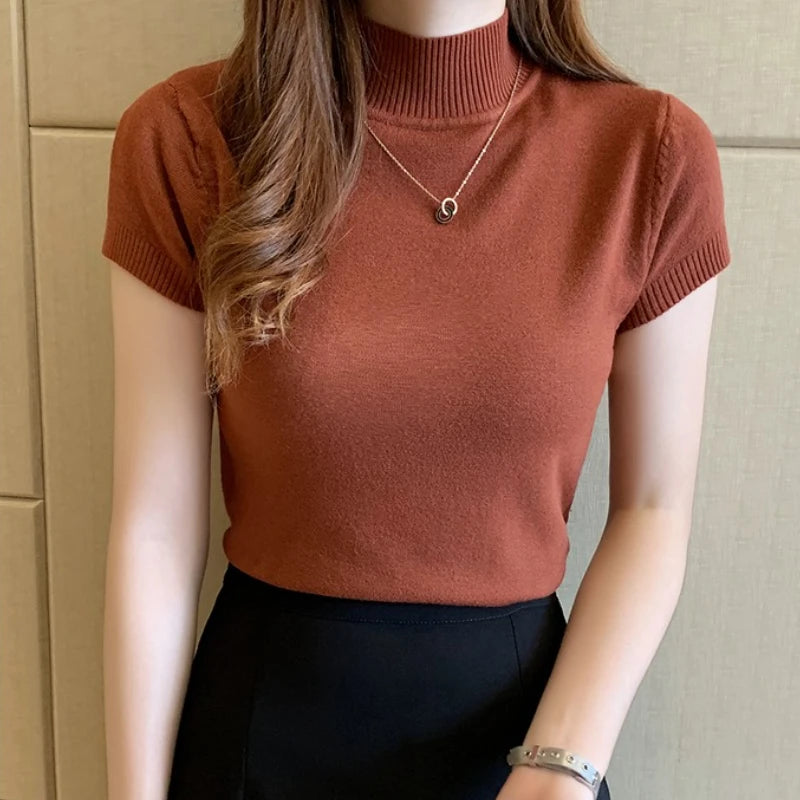 Half-High Neck T-Shirt Women's Fashion Jumper Casual Tops Korean Style Elegant Solid-Coloured Clothing Spring And Summer Season