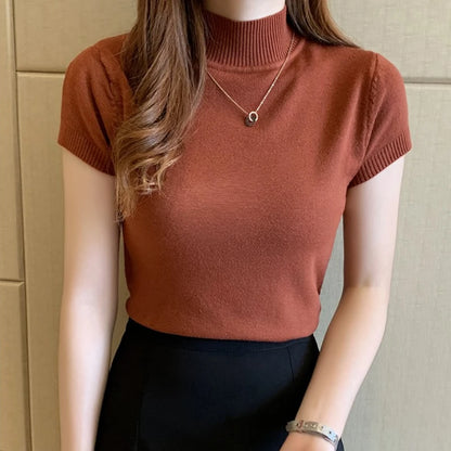 Half-High Neck T-Shirt Women's Fashion Jumper Casual Tops Korean Style Elegant Solid-Coloured Clothing Spring And Summer Season