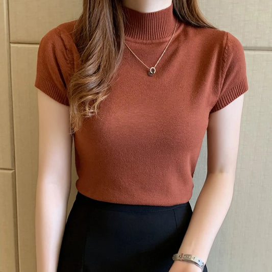 Half-High Neck T-Shirt Women's Fashion Jumper Casual Tops Korean Style Elegant Solid-Coloured Clothing Spring And Summer Season