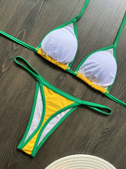 Embroidery Brasil Flag Contrast Split Bikini Set Women Swimwear Patchwork Swimsuit Hottie Outfit SummerBeachwear
