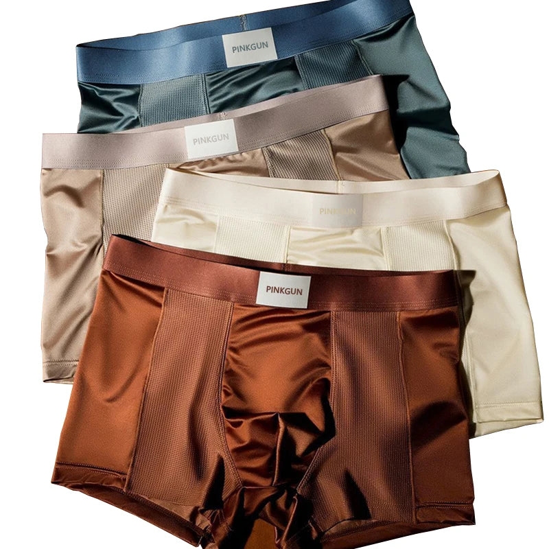 4-Piece Set Of Men's Satin Ice Silk Boxer Shorts, Semi Mesh Breathable Casual Underwear, Men's Comfortable Sports Boxer Shorts