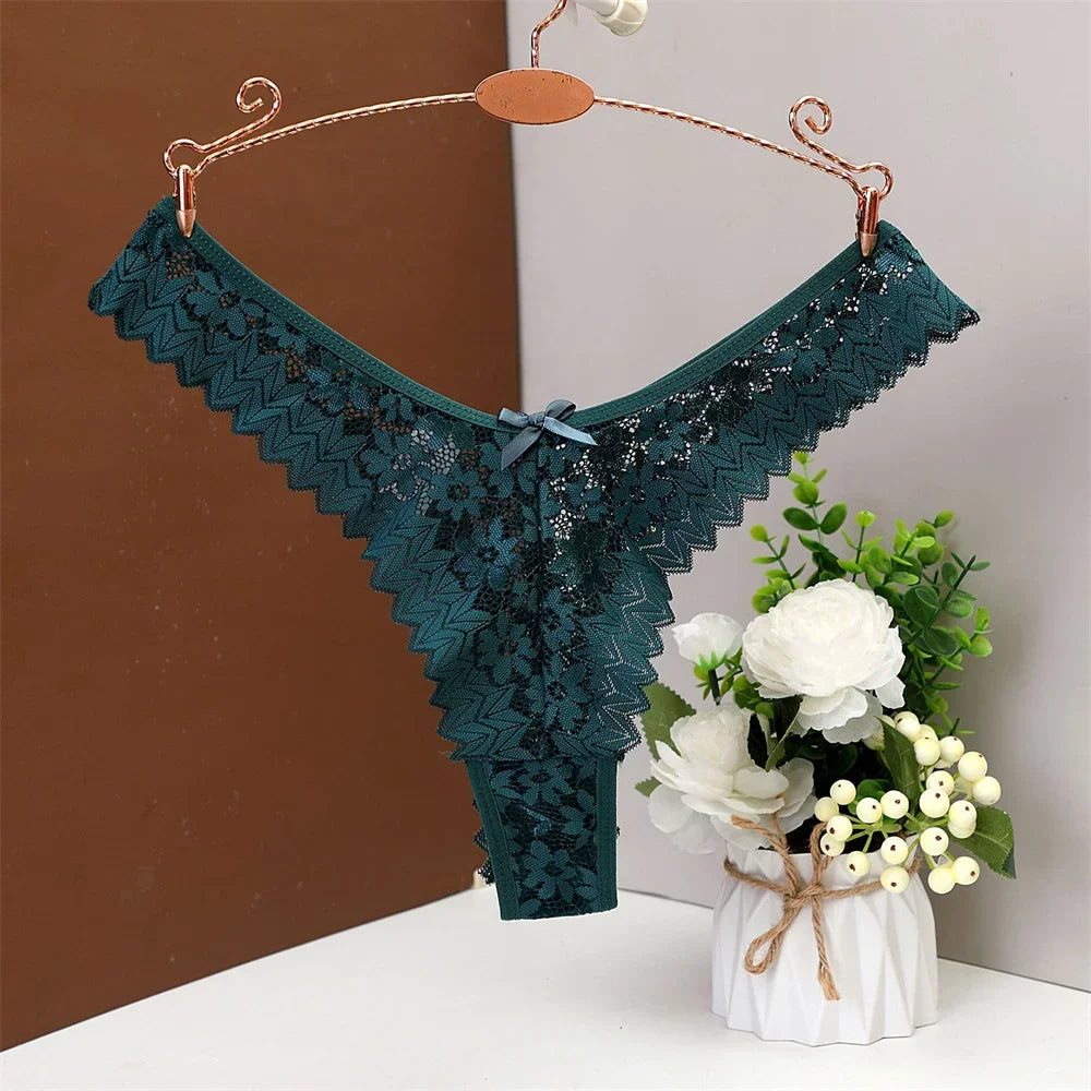 3PC Sexy T Back Woman Thong Panty Mid Waist Lace Panties Transparent Underwear "V-shape" Girls Erotic Panty