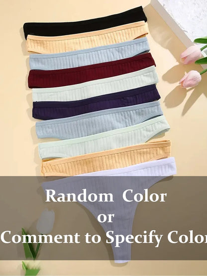 Women Cotton Thongs Panties Female Ribbed Low Rise G-String Ladies Sexy Bikini 7 Solid Color Girl Soft S-XL Intimates 6Pcs
