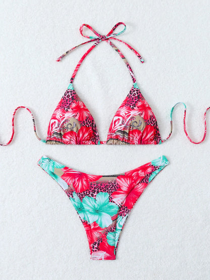 Summer retro floral print 2-piece bikini lace up swimsuit sexy high waisted women's swimsuit