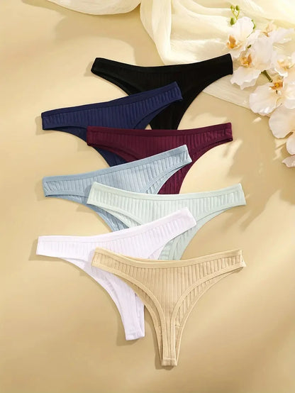Women Cotton Thongs Panties Female Ribbed Low Rise G-String Ladies Sexy Bikini 7 Solid Color Girl Soft S-XL Intimates 6Pcs