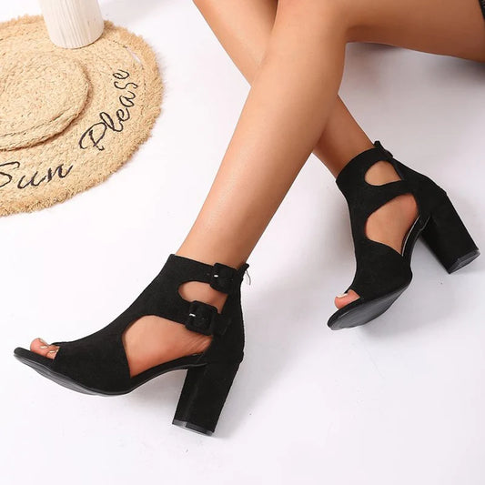 Peep Toe Black High Heel Sandals Women Retro Faux Suede Thick Heel Sandals Woman Summer Plus Size 35-43 Sandalias Female